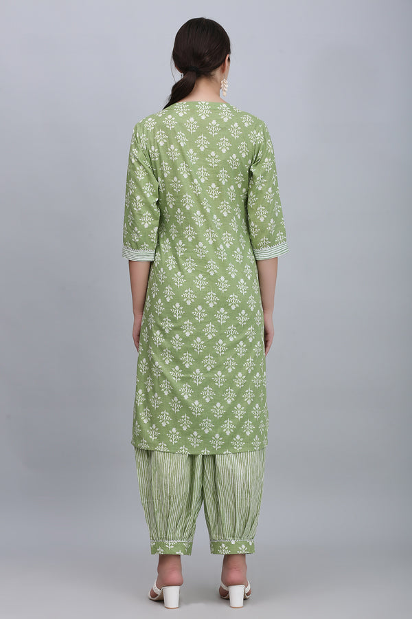 Green Striped & Floral Kurta Set