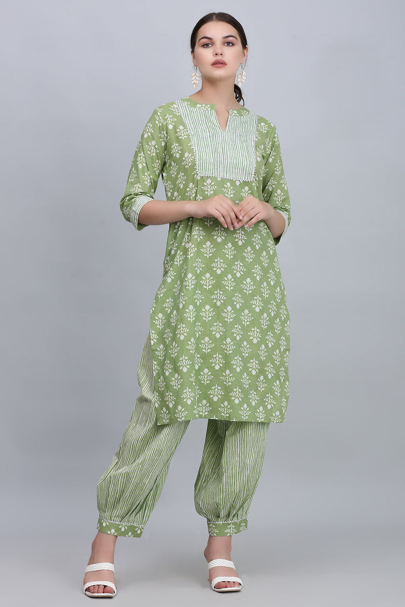 Green Striped & Floral Kurta Set