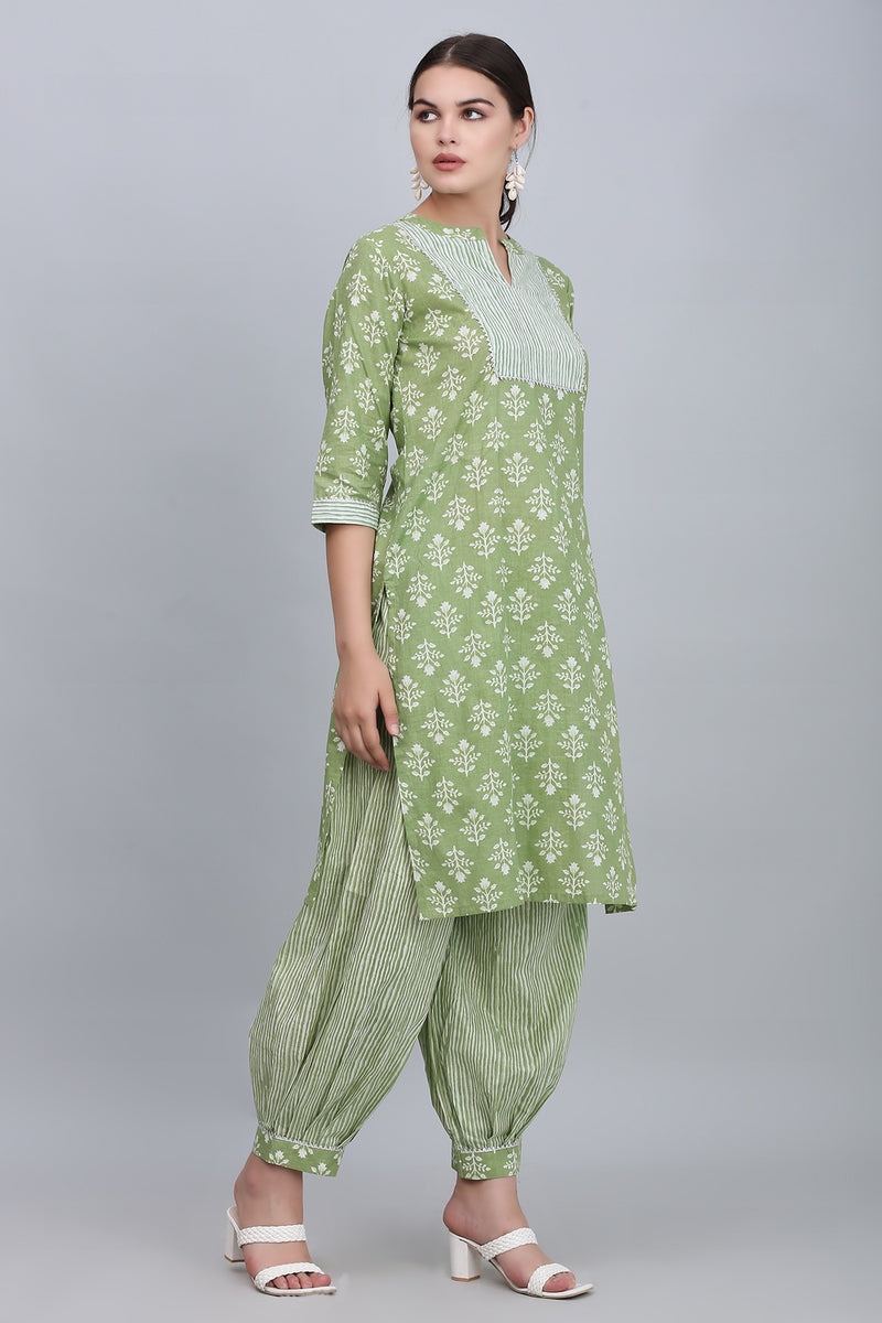 Green Striped & Floral Kurta Set