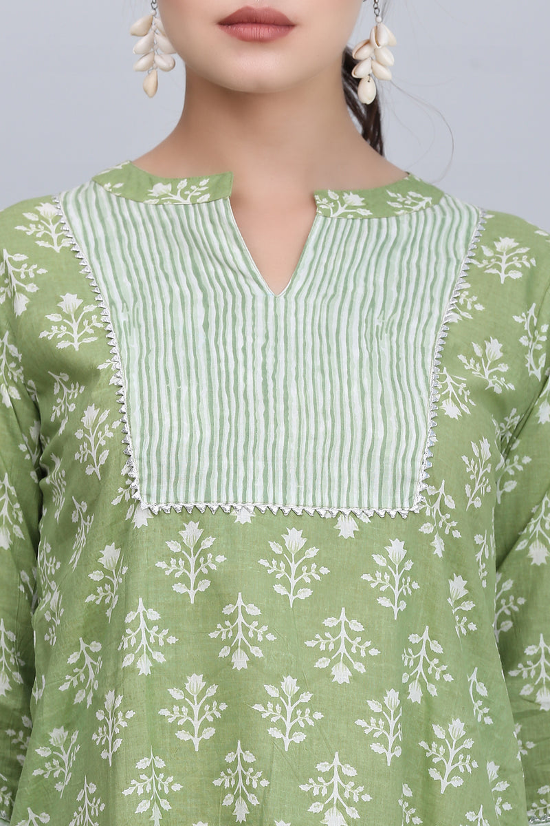 Green Striped & Floral Kurta Set