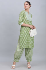 Green Striped & Floral Kurta Set