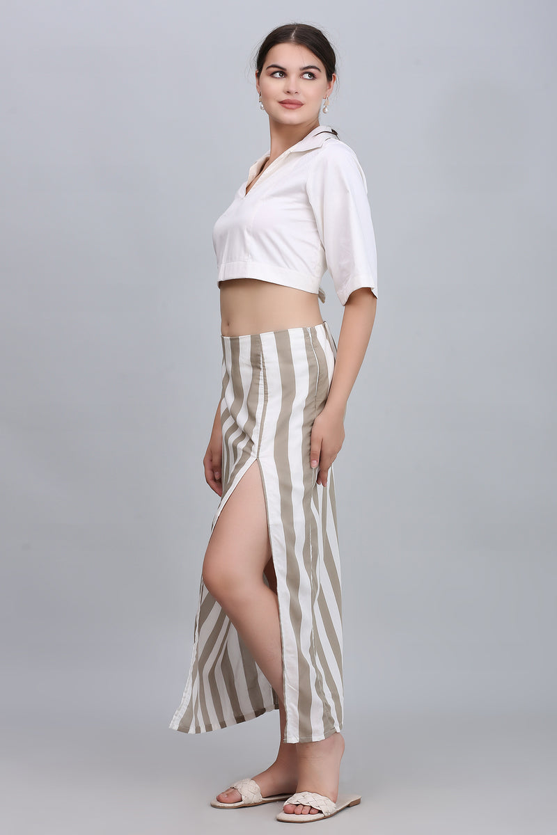 Off white Collared Shirt With Long Skirt