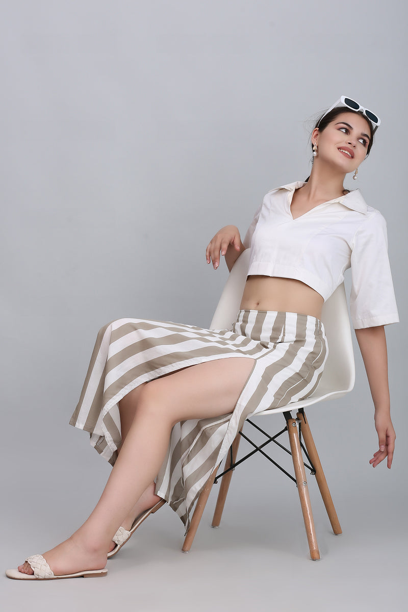 Off white Collared Shirt With Long Skirt