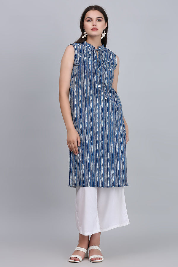 Sleeveless Blue Striped Suit Set