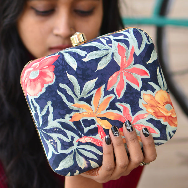 Dark Blue Floral Printed Clutch