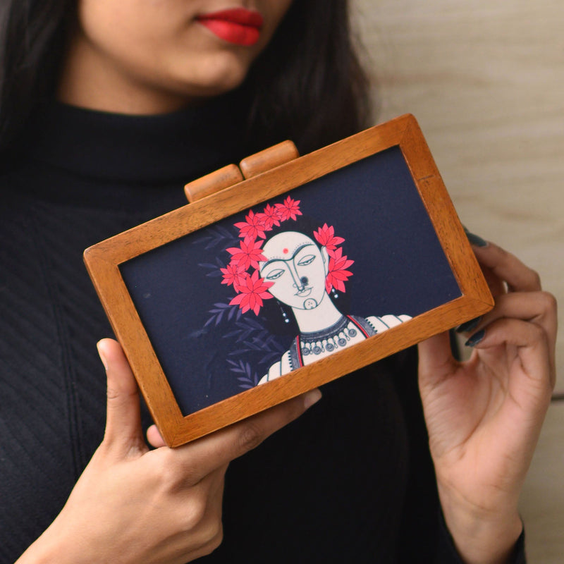 Flower Lady Printed Wooden Clutch