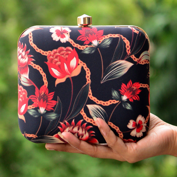 Black Colorful Floral Printed Clutch