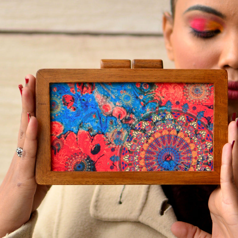 Artistic Floral Wooden Printed Clutch