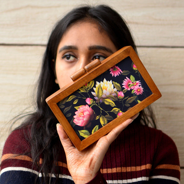 Multi Floral Wooden Printed Clutch