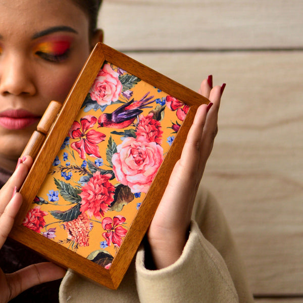 Rose Printed Wooden Clutch