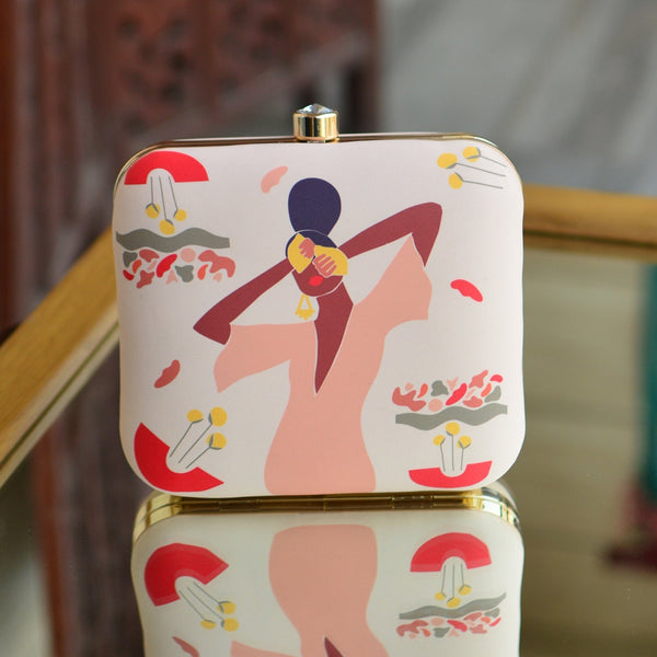 Beautiful Lady Artwork Printed Beige Clutch