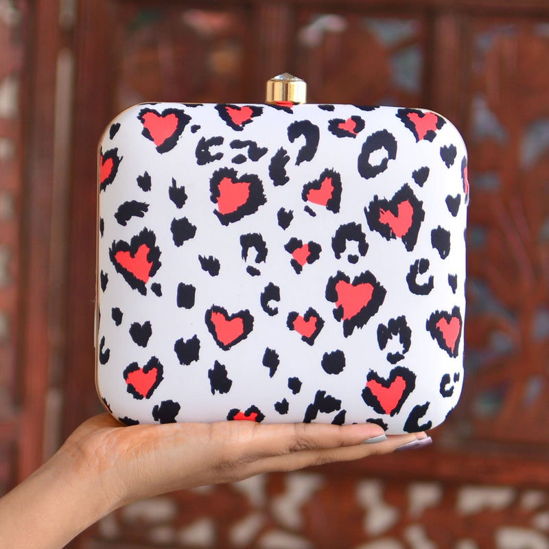 Mini Red Heart Printed White Clutch